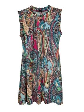 Tommy Hilfiger Paisley Dress Sz 16 Sleeveless Ruffle Neck Jersey Shift Boho Chic